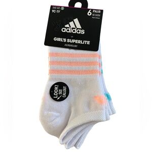 ADIDAS Girl’s Superlite White and Black No Show Socks 6 Pair  Size: S 9C-1Y